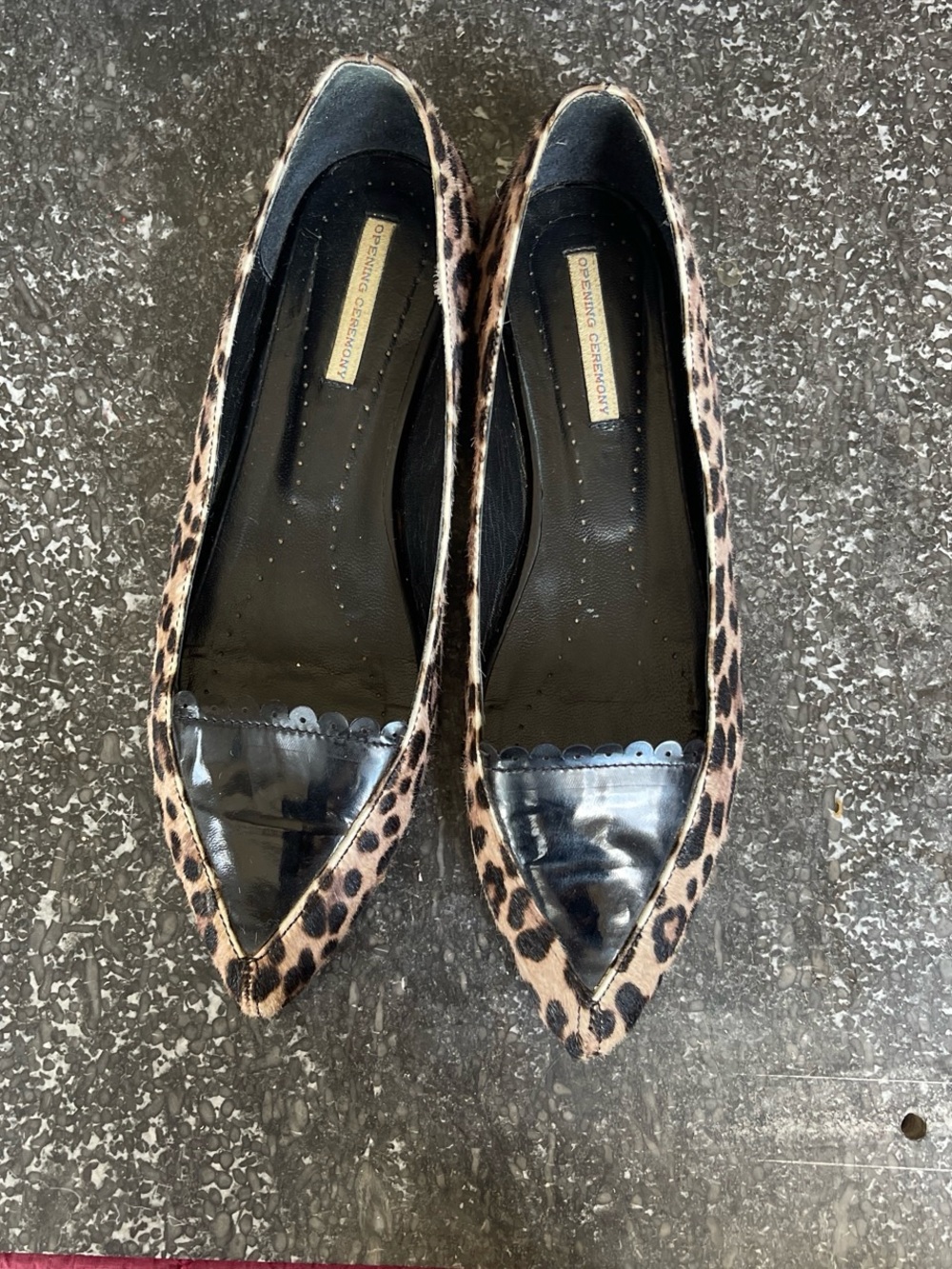 Opening Ceremony Leopard Print Pointed Flats with Black Patent Toe